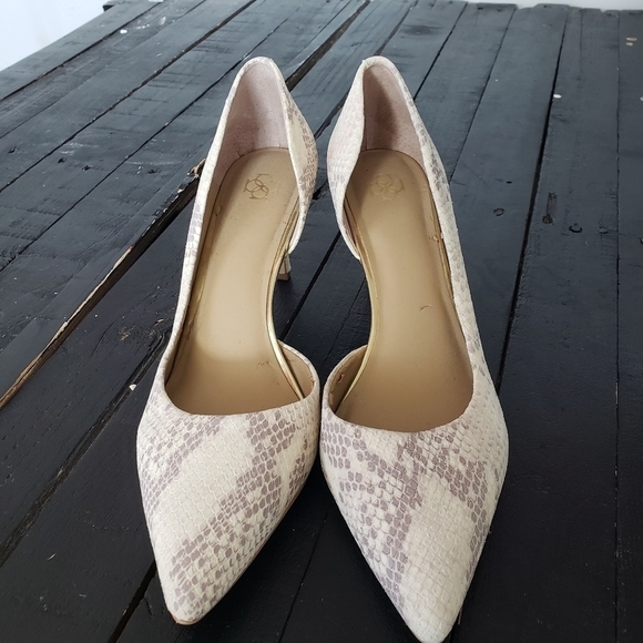 Ann Taylor Women's 9.5 Snakeskin Suede Pointed Toe Heels Beige Grey Cutout - Picture 9 of 12